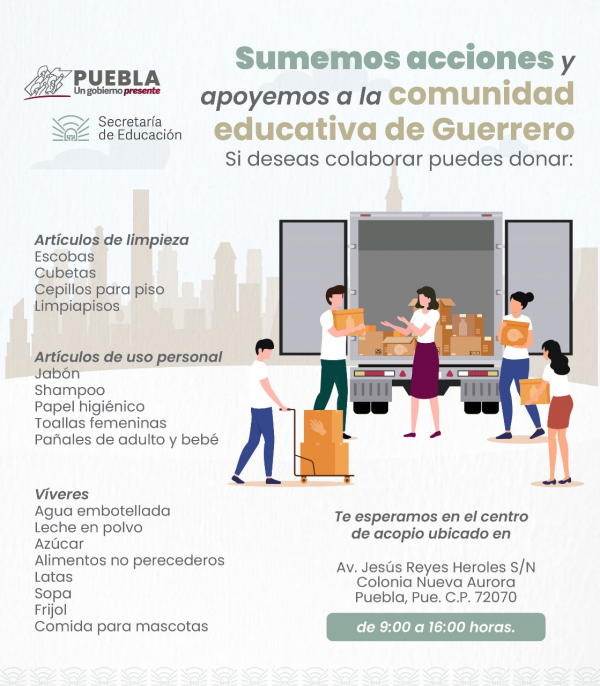 Habilita SEP en Puebla 16 centros de acopio para apoyar a afectados  en Guerrero