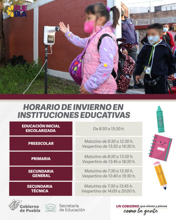Iniciará horario invernal en escuelas públicas y particulares en Puebla: SEP